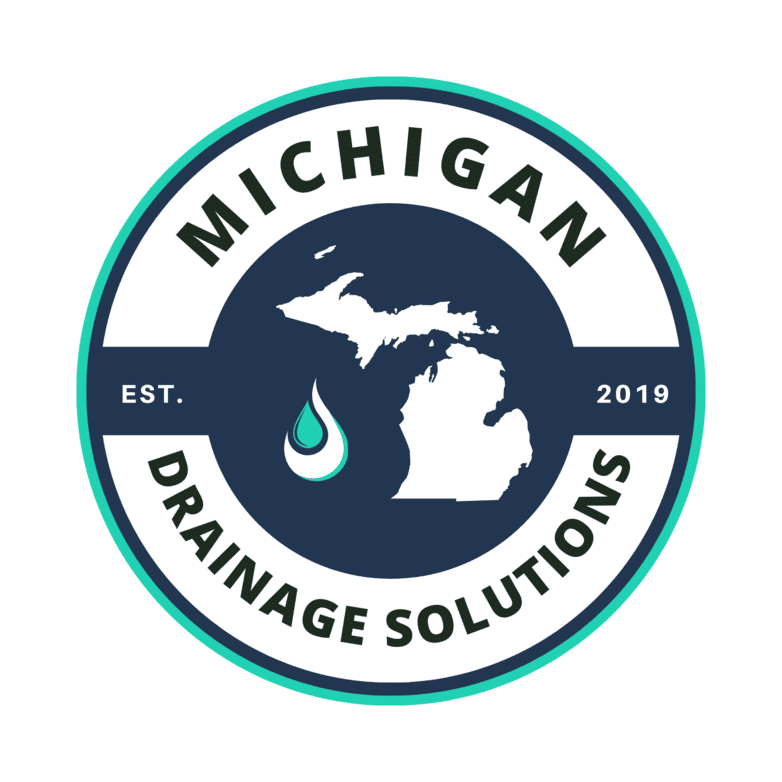 Circular logo for Michigan Drainage Solutions featuring the state outline, a water droplet, and the text "Est. 2019.