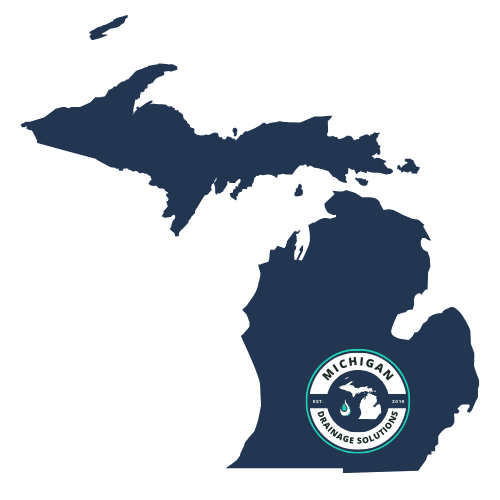 Dark blue silhouette of Michigan with a circular "Michigan Drainage Solutions" logo positioned on the lower peninsula.