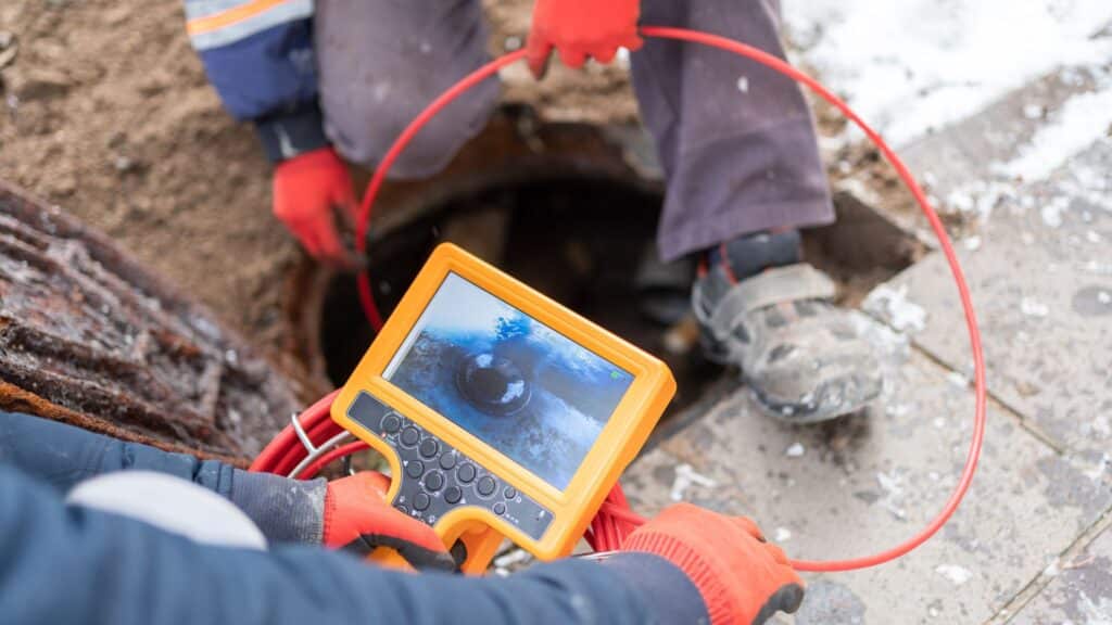 Two workers use a video inspection camera to examine the inside of an underground pipe or sewer, with one person holding the monitor and another kneeling near the open manhole.