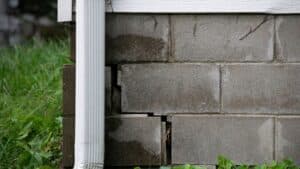 Cracked concrete blocks in a house foundation near a white downspout, with grass growing nearby.