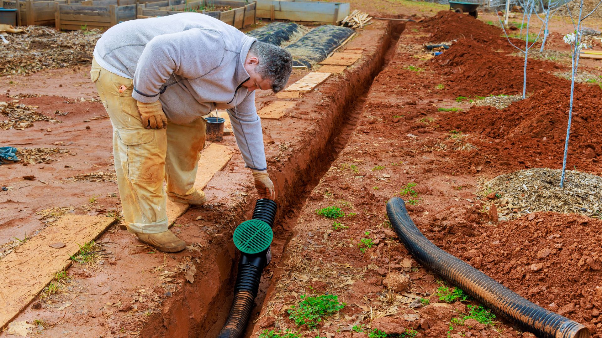 A person installs a black drainage pipe with a green grate into a trench dug in reddish soil in a garden or yard.