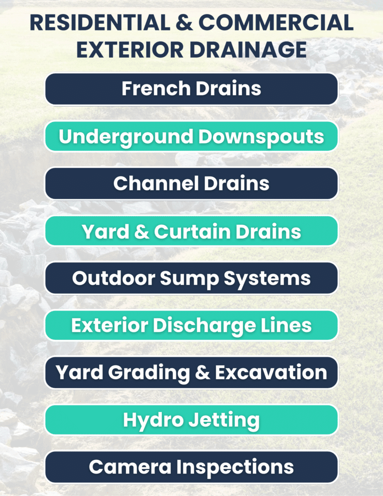 A list of residential and commercial exterior drainage services