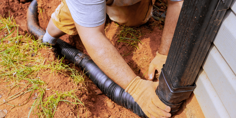 A person wearing gloves connects a black corrugated drainage pipe to a downspout near the base of a building, working on soil.